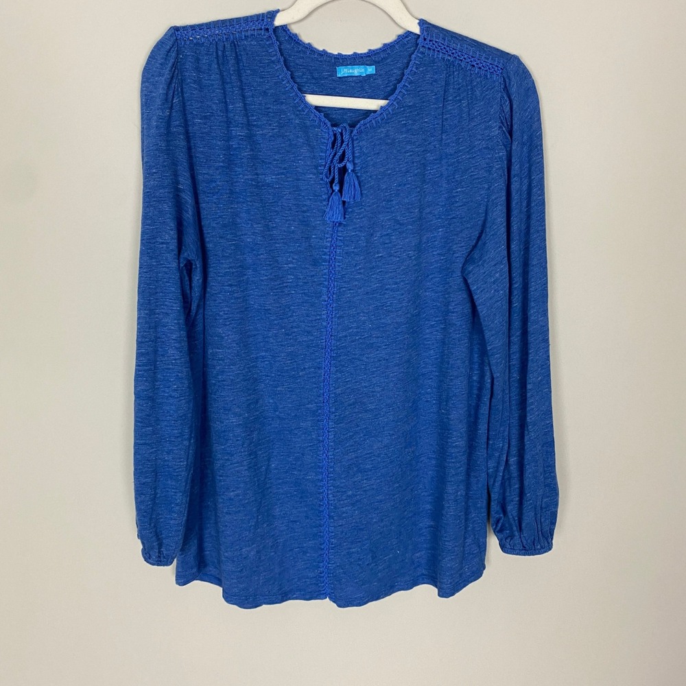 J‎ McLaughlin Linen Crochet Trim Top Womens Medium Blue Tassel Tie Long Sleeves